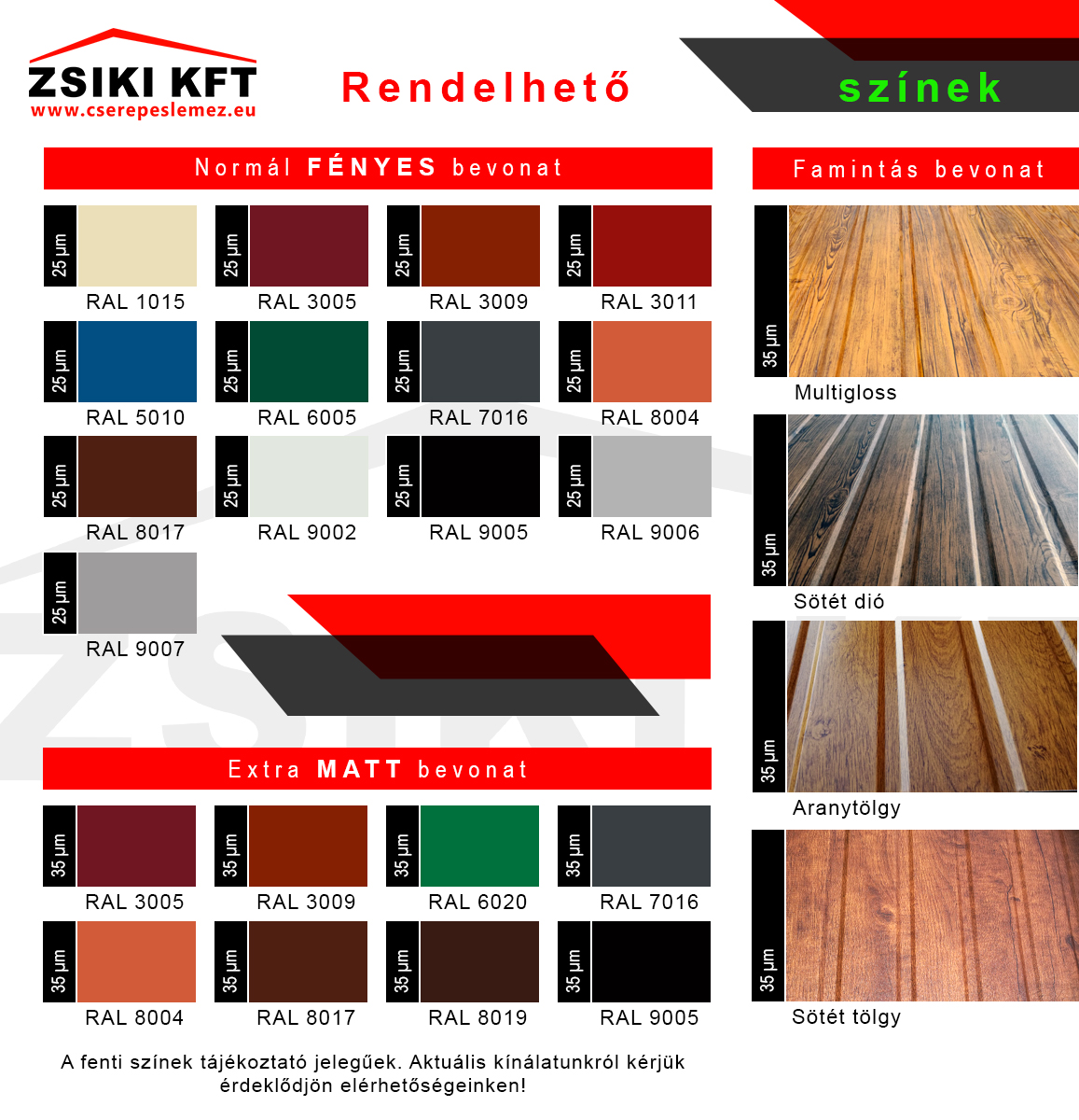 Cserepeslemez, trapézlemez rendelhető színek-C